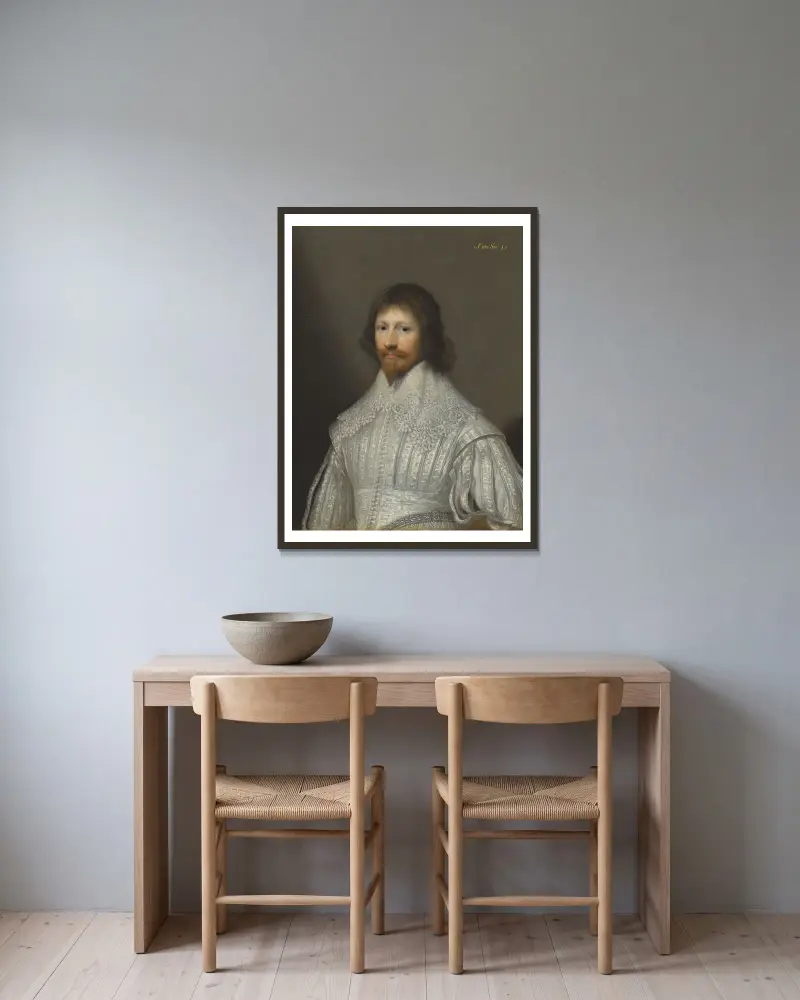 Porträt eines Herrn, traditionell als John Digby, 1. Earl of Bristol identifiziert von Cornelis Jonson van Ceulen gerahmt an einer Wand