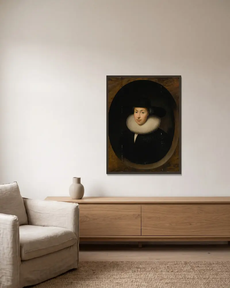Portrait Of A Lady – nr 1 av Cornelis Jonson van Ceulen inramad på en vägg