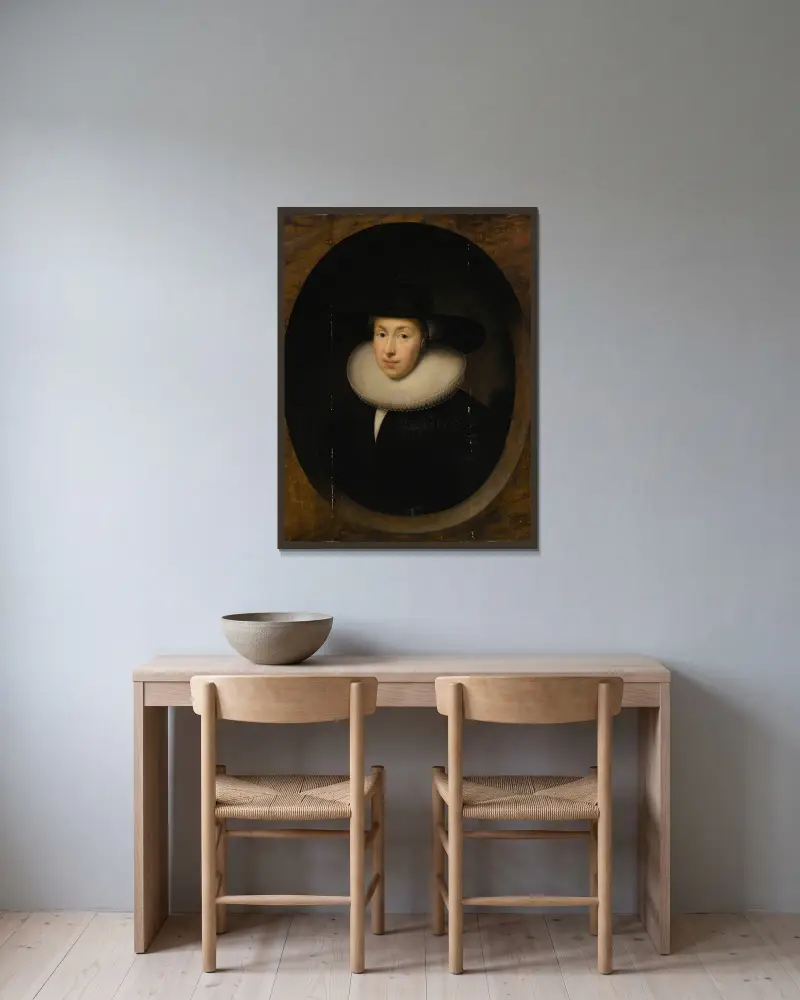 Portrait Of A Lady – nr 1 av Cornelis Jonson van Ceulen inramad på en vägg