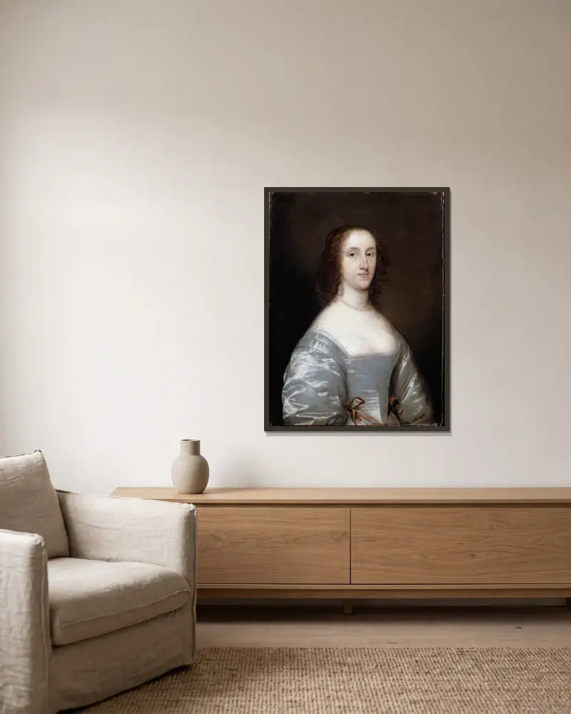 Porträtt av en dam i vitt av Cornelis Jonson van Ceulen inramad på en vägg