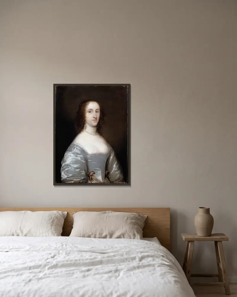 Porträtt av en dam i vitt av Cornelis Jonson van Ceulen inramad på en vägg