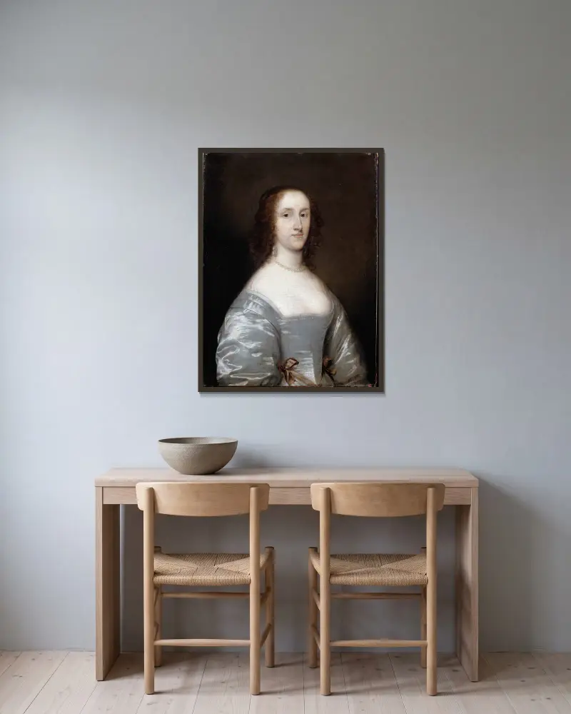 Porträtt av en dam i vitt av Cornelis Jonson van Ceulen inramad på en vägg
