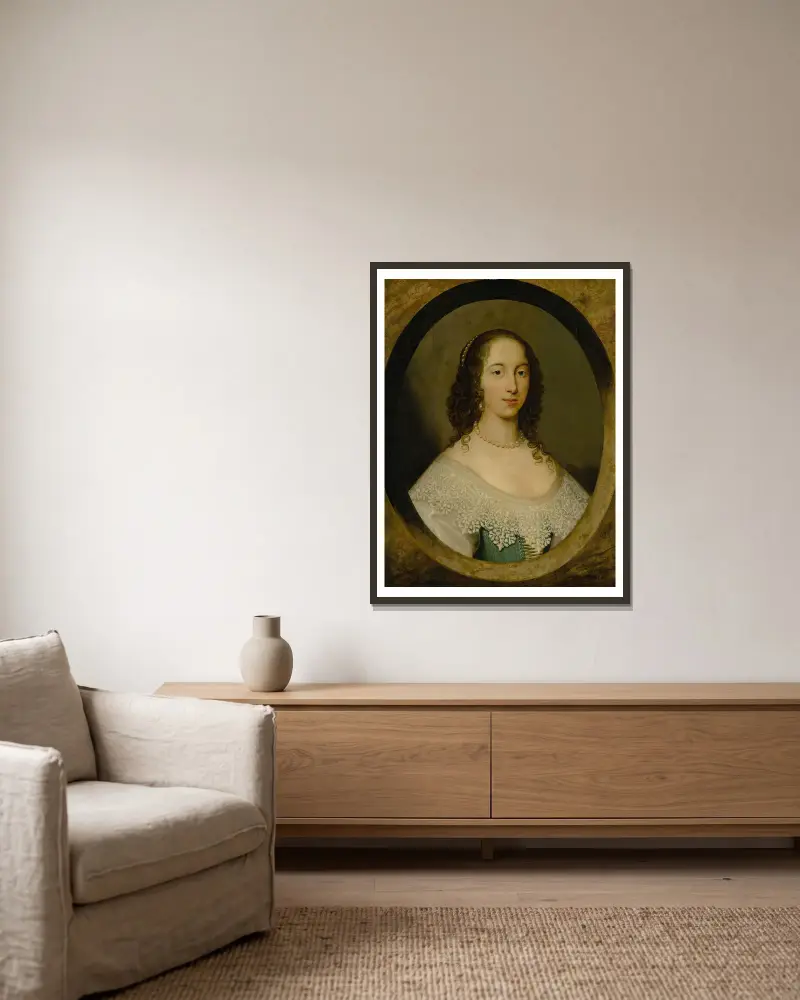 Portrait of a lady, 1632 av Cornelis Jonson van Ceulen inramad på en vägg