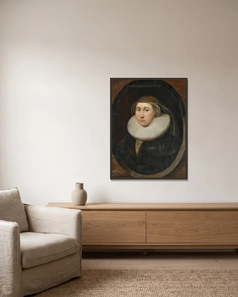 Porträtt av en dam, traditionellt identifierad som Cornelia Huysmans av Cornelis Jonson van Ceulen inramad på en vägg