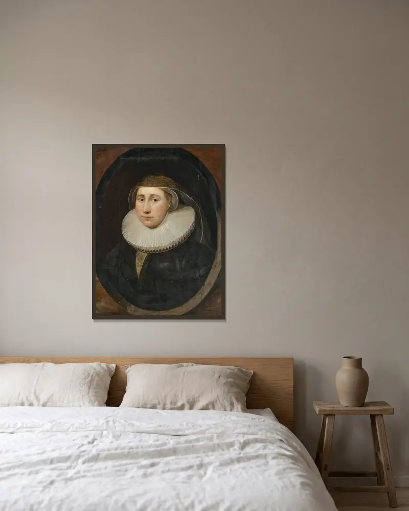 Porträtt av en dam, traditionellt identifierad som Cornelia Huysmans av Cornelis Jonson van Ceulen inramad på en vägg