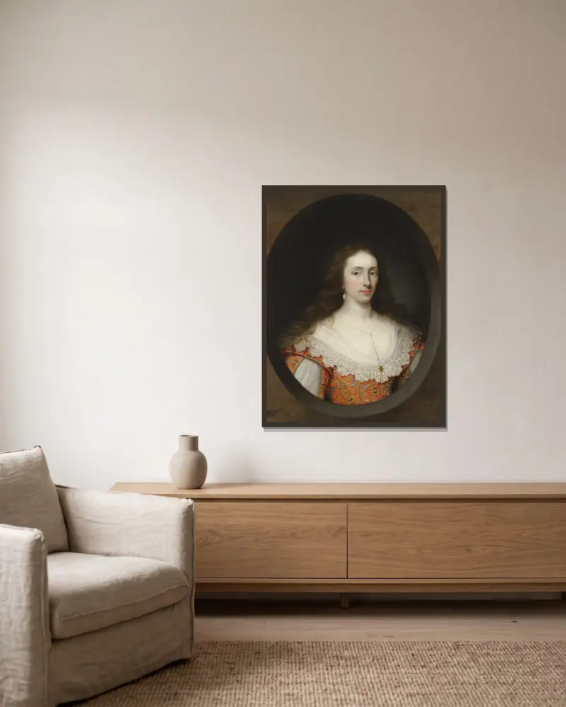 Porträtt av en dam, traditionellt identifierad som Mary Chetwynd (d. 1637) av Cornelis Jonson van Ceulen inramad på en vägg