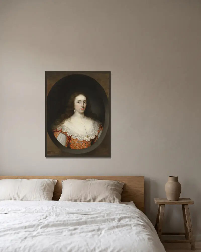 Porträtt av en dam, traditionellt identifierad som Mary Chetwynd (d. 1637) av Cornelis Jonson van Ceulen inramad på en vägg