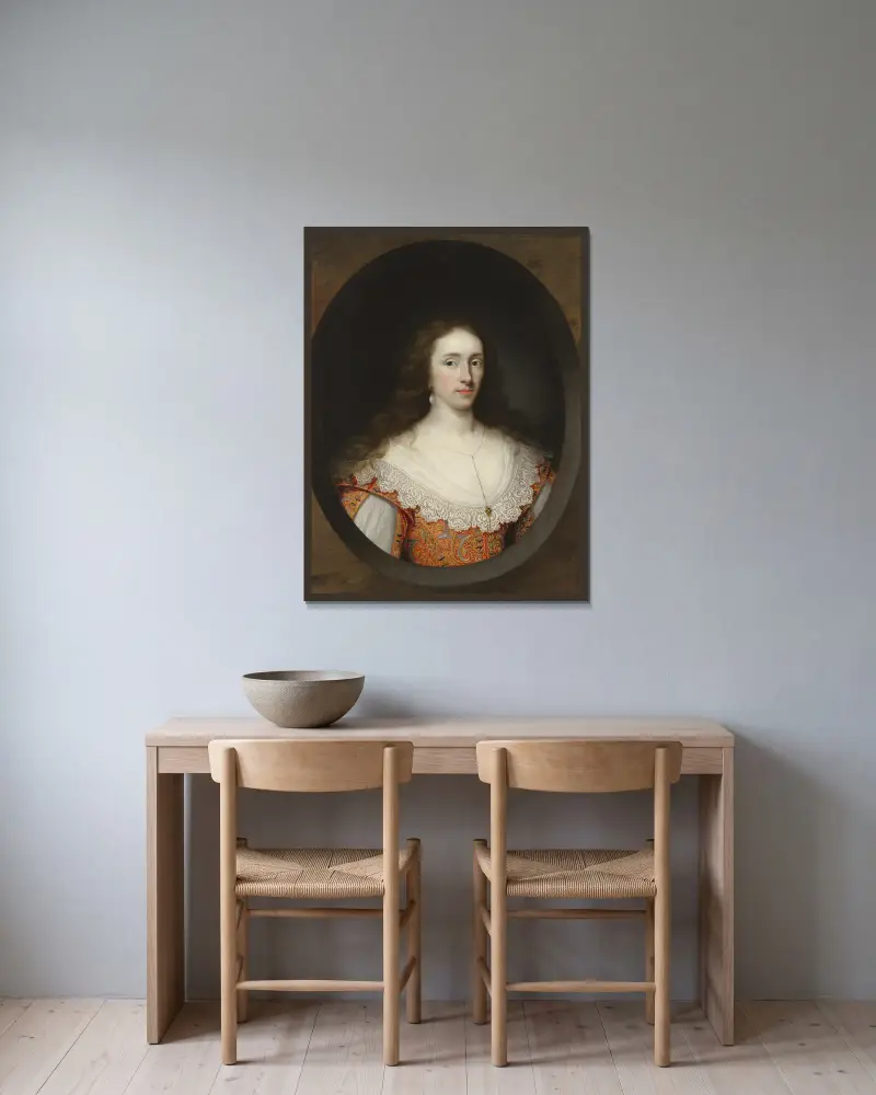 Porträtt av en dam, traditionellt identifierad som Mary Chetwynd (d. 1637) av Cornelis Jonson van Ceulen inramad på en vägg
