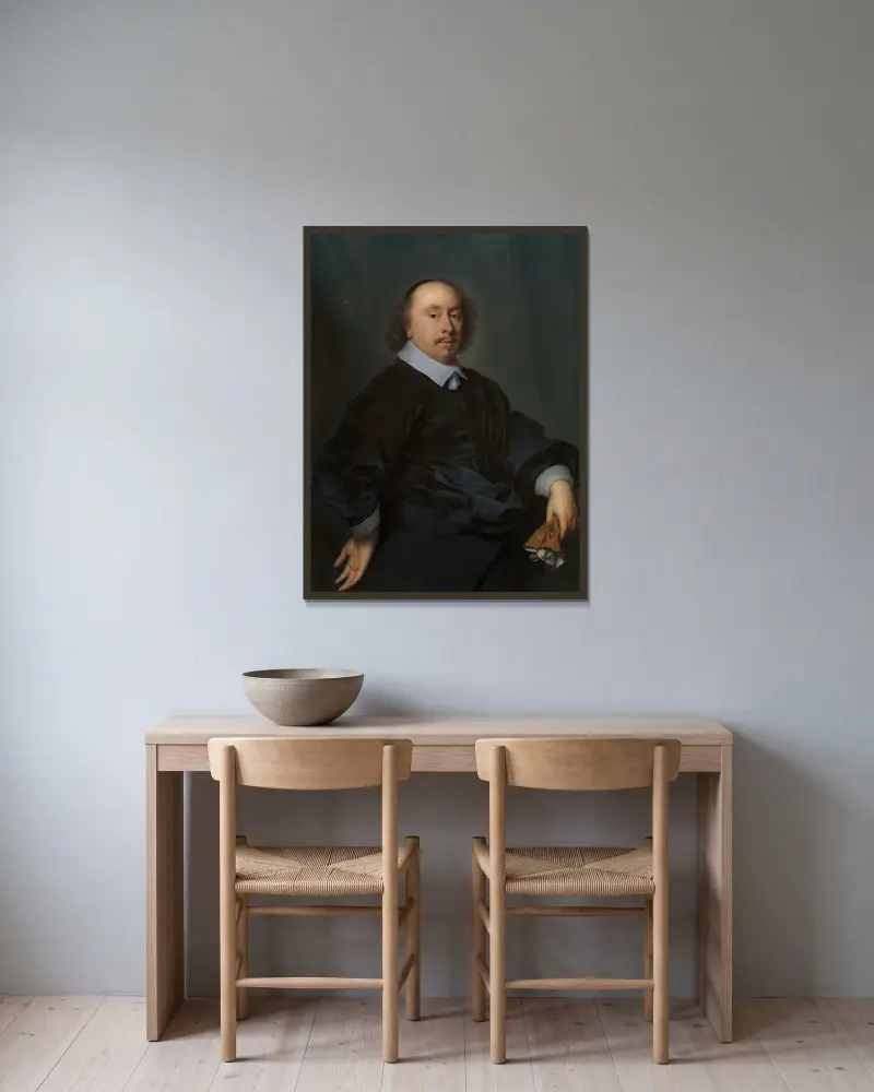 Portrait of a Man – nr 1 av Cornelis Jonson van Ceulen inramad på en vägg