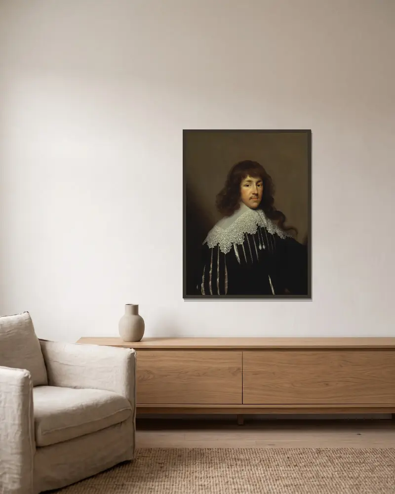 Bildnis eines Mannes, vermutlich Sir Francis Godolphin von Cornelis Jonson van Ceulen gerahmt an einer Wand