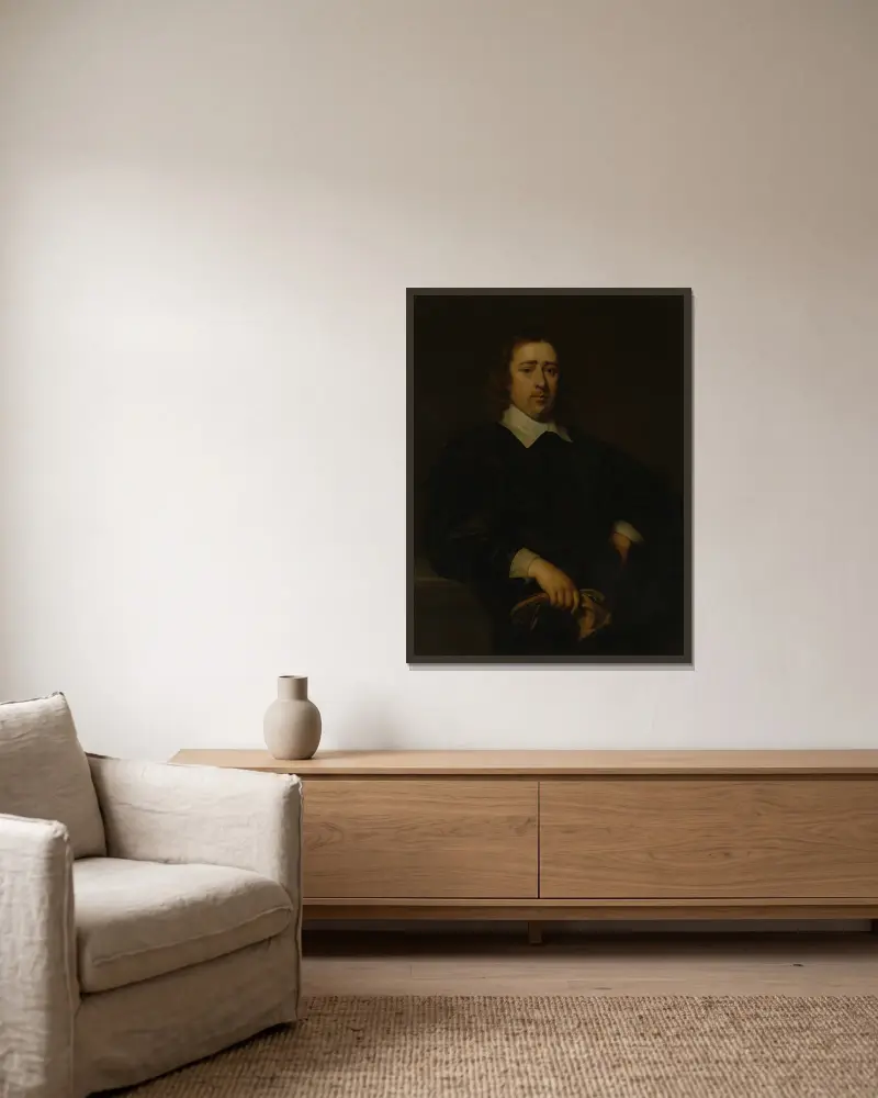 Porträt eines Mannes, 1648 von Cornelis Jonson van Ceulen gerahmt an einer Wand