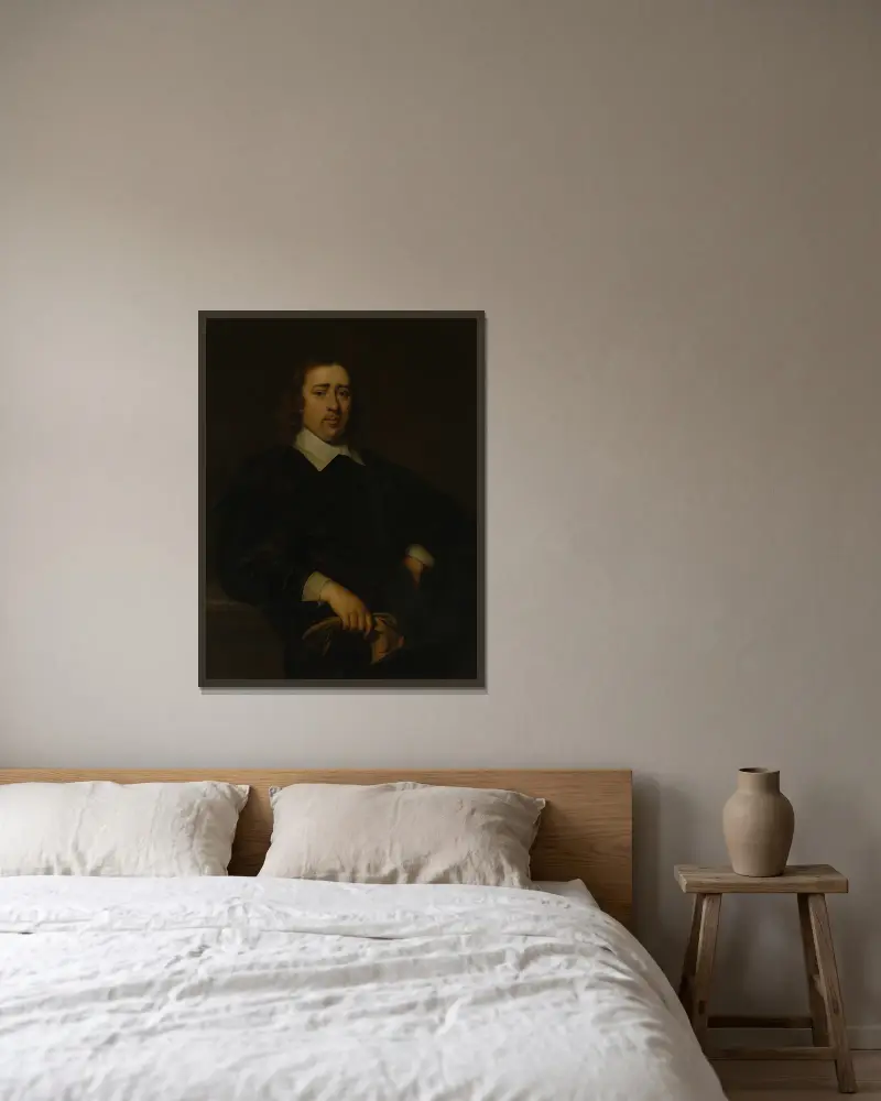 Porträt eines Mannes, 1648 von Cornelis Jonson van Ceulen gerahmt an einer Wand
