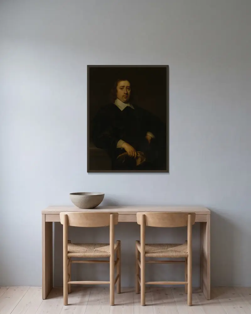 Porträt eines Mannes, 1648 von Cornelis Jonson van Ceulen gerahmt an einer Wand