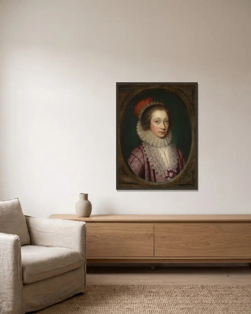 Porträtt av en kvinna, möjligen Elizabeth Boothby av Cornelis Jonson van Ceulen inramad på en vägg