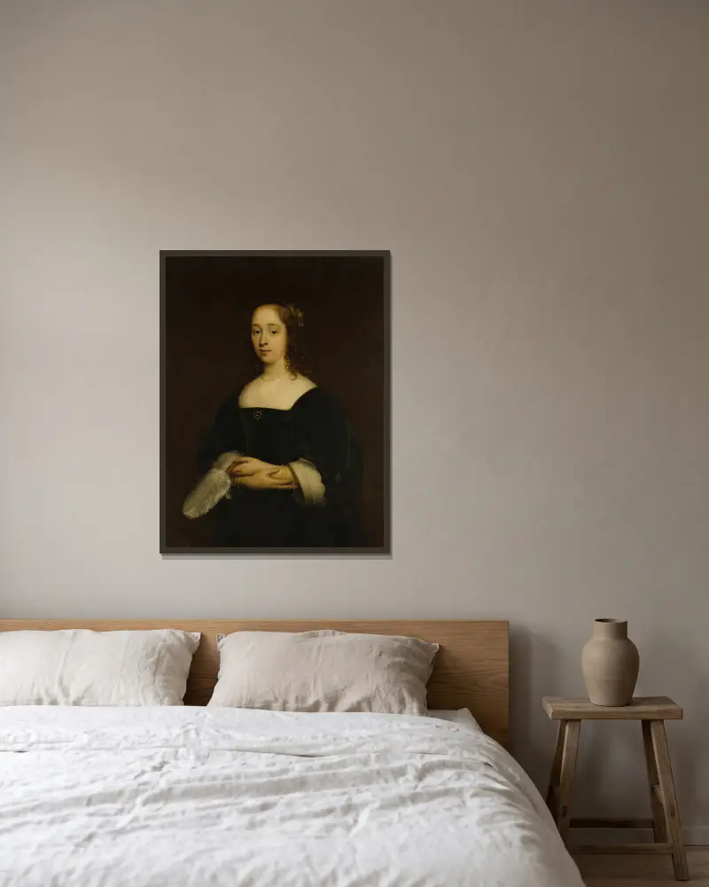 Bildnis einer Frau, 1648 von Cornelis Jonson van Ceulen gerahmt an einer Wand