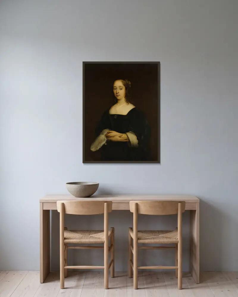 Bildnis einer Frau, 1648 von Cornelis Jonson van Ceulen gerahmt an einer Wand