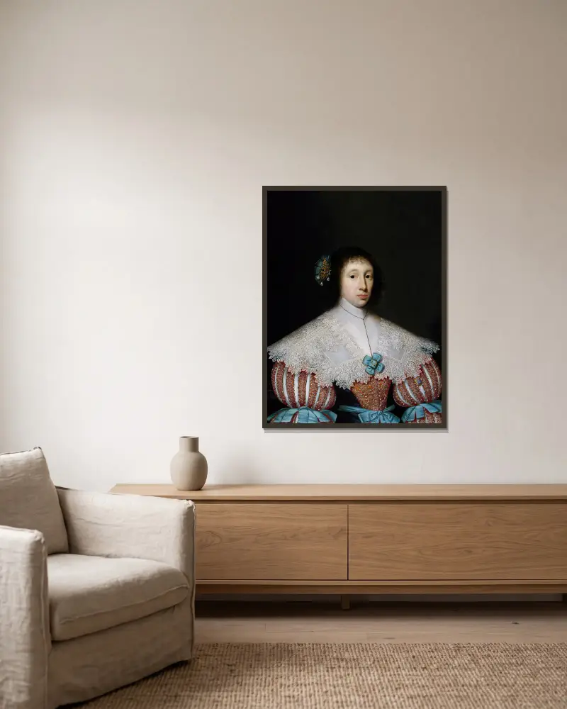 Porträtt av Eleanor eller Mary Campion av Cornelis Jonson van Ceulen inramad på en vägg