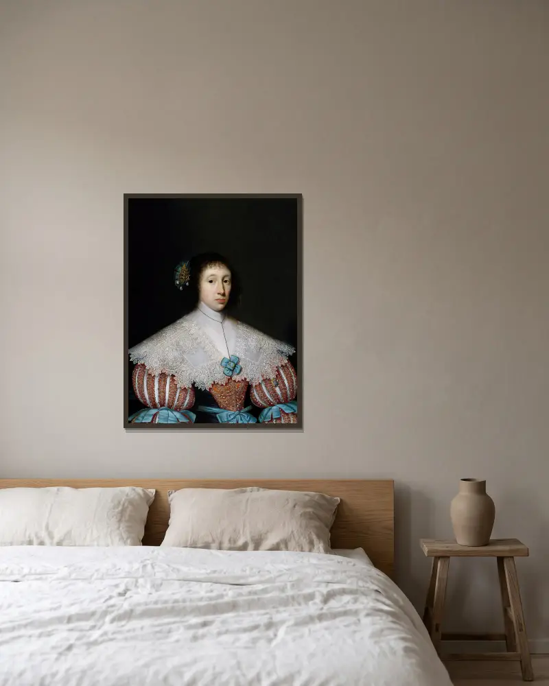 Porträtt av Eleanor eller Mary Campion av Cornelis Jonson van Ceulen inramad på en vägg