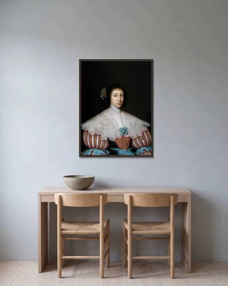 Porträtt av Eleanor eller Mary Campion av Cornelis Jonson van Ceulen inramad på en vägg