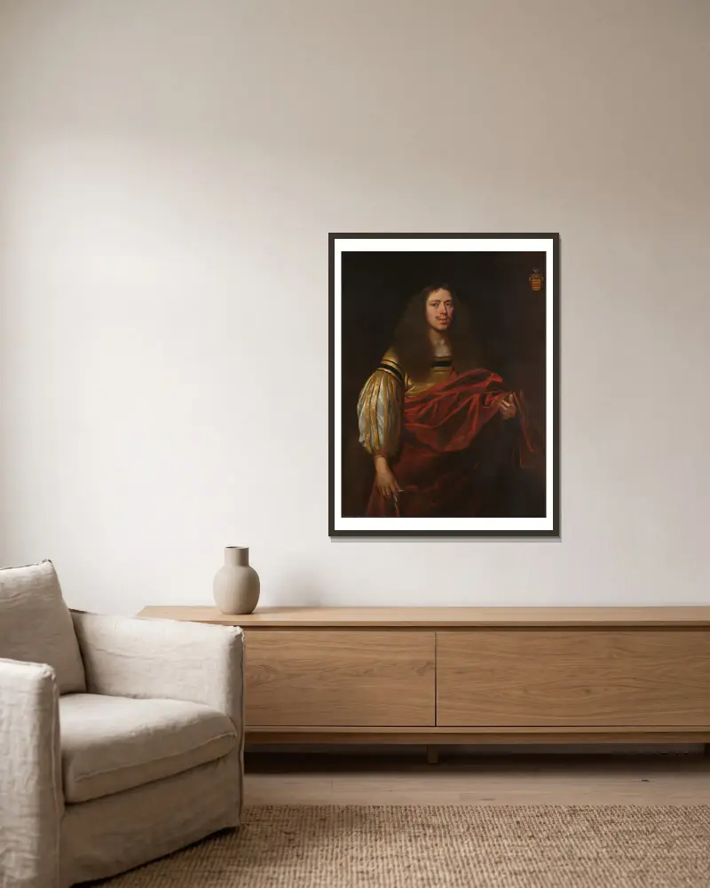 Portrait of Johan Servaes van Limburg (1632-1698) av Cornelis Jonson van Ceulen inramad på en vägg