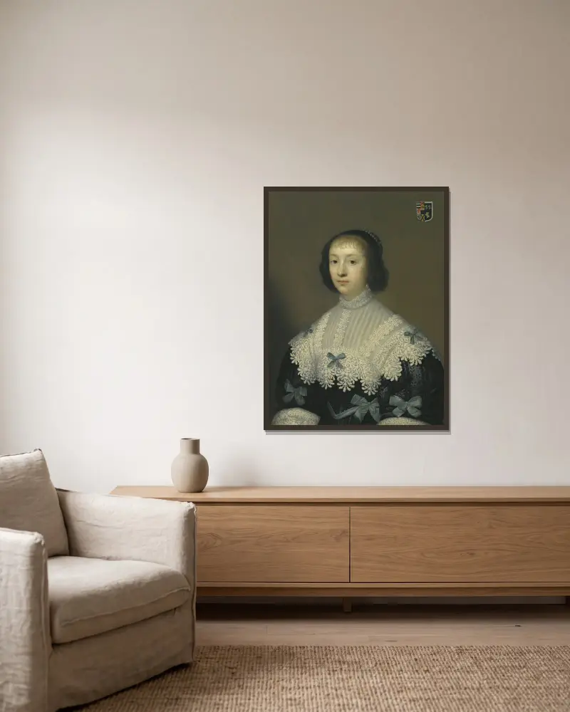 Porträtt av Margaret, Lady Hungerford av Cornelis Jonson van Ceulen inramad på en vägg