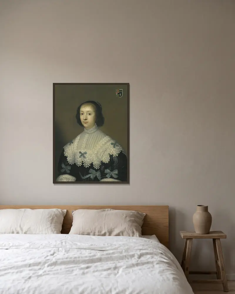 Porträtt av Margaret, Lady Hungerford av Cornelis Jonson van Ceulen inramad på en vägg