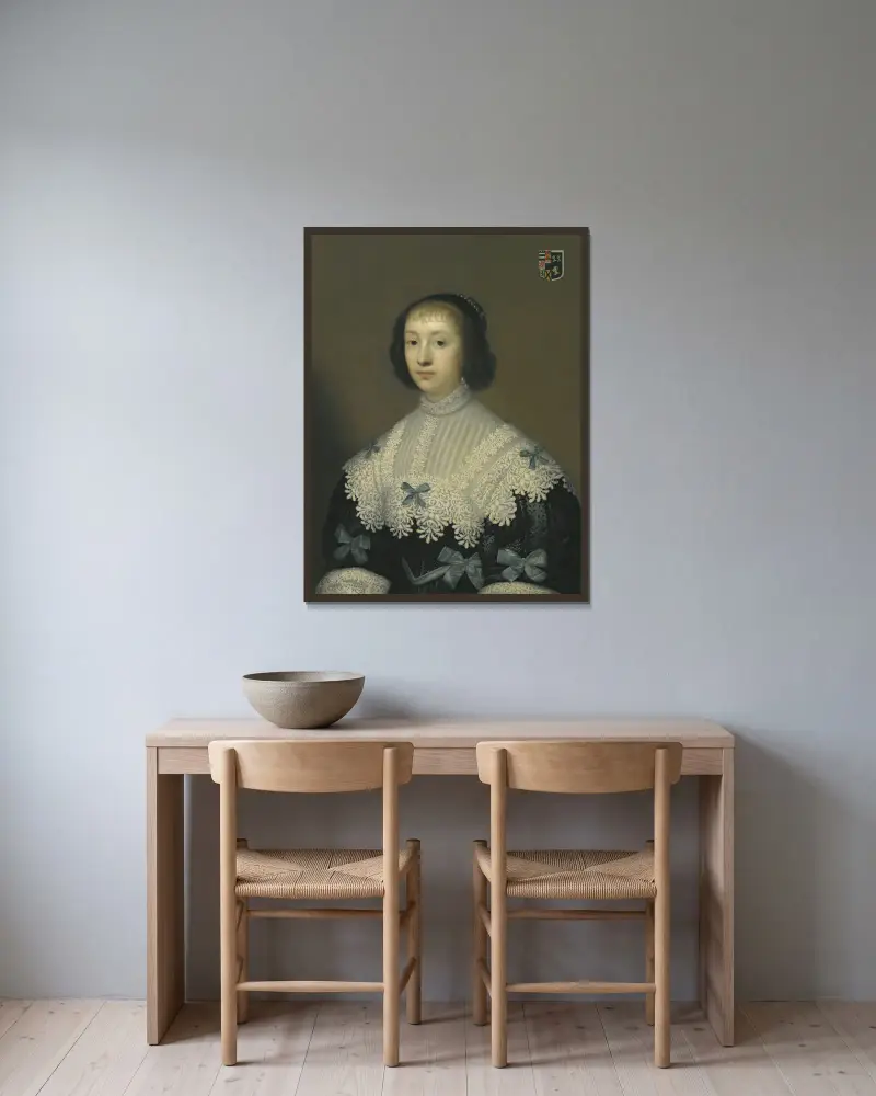 Porträtt av Margaret, Lady Hungerford av Cornelis Jonson van Ceulen inramad på en vägg