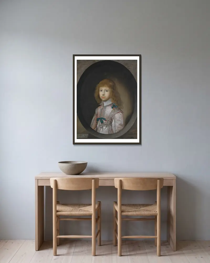 Porträtt av Robert, Lord Bruce, senare 2:e earl av Elgin och 1:e earl av Ailesbury (1626–1685) av Cornelis Jonson van Ceulen inramad på en vägg