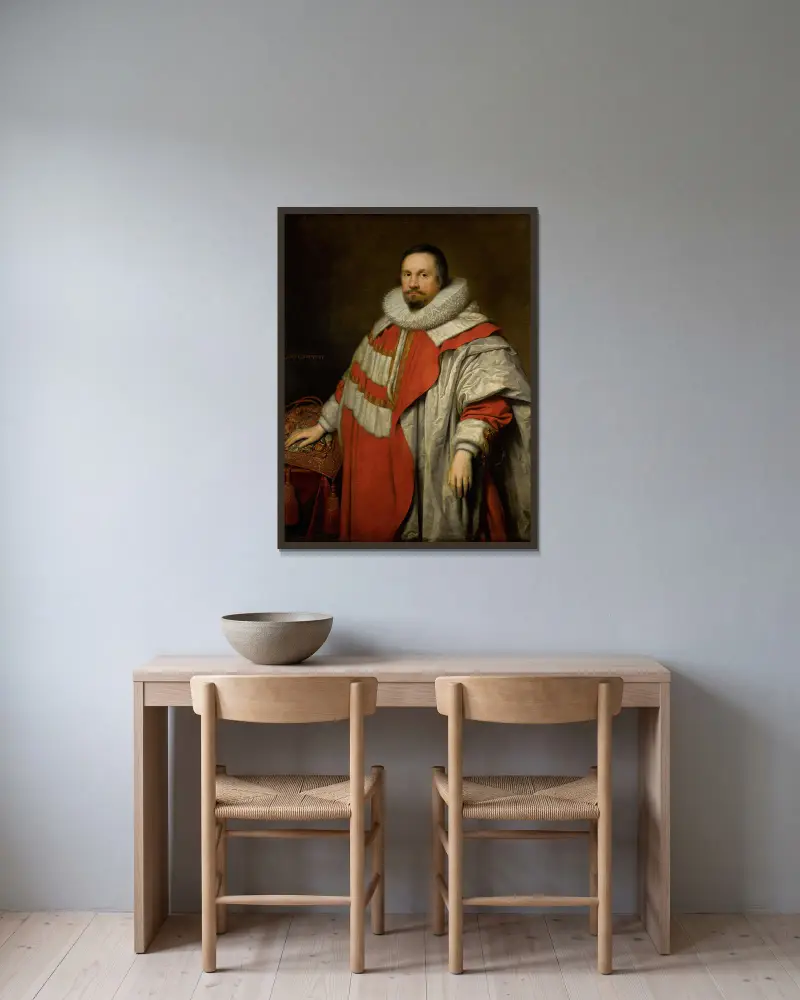 Porträtt av Thomas, 1:e baron Coventry (1578–1640), Lord Keeper of the Great Seal av Cornelis Jonson van Ceulen inramad på en vägg