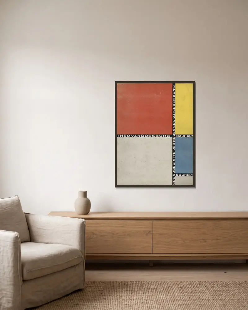 Bauhausbücher 6 av Theo van Doesburg inramad på en vägg