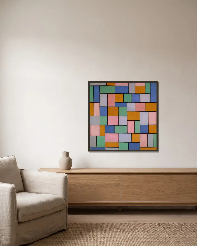 Composition in dissonances av Theo van Doesburg inramad på en vägg