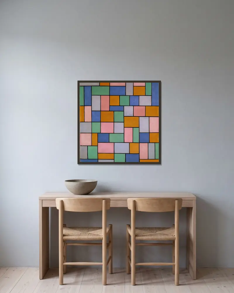 Composition in dissonances av Theo van Doesburg inramad på en vägg