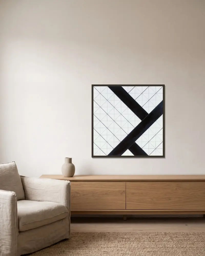 Counter-composition VI. av Theo van Doesburg inramad på en vägg