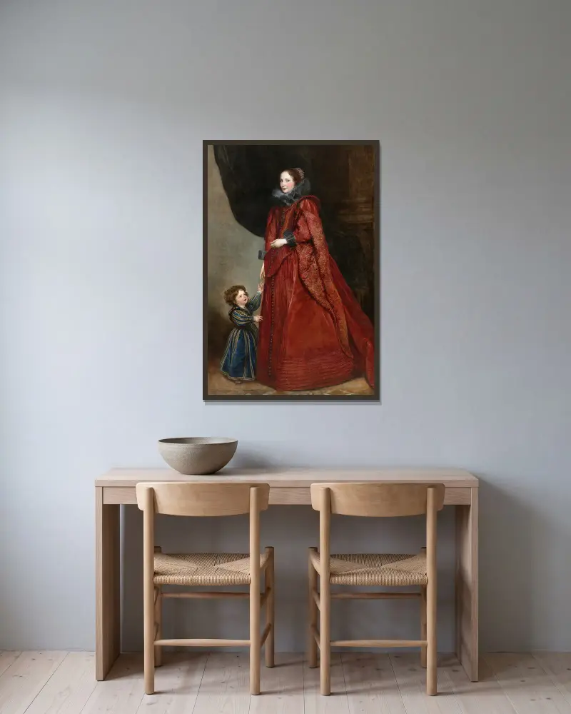 A Genoese Lady with Her Child av Anthony van Dyck inramad på en vägg