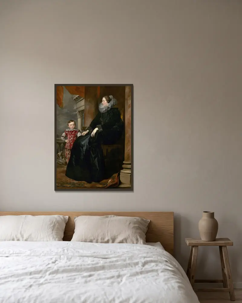 En genuesisk adelsdam och hennes son av Anthony van Dyck inramad på en vägg