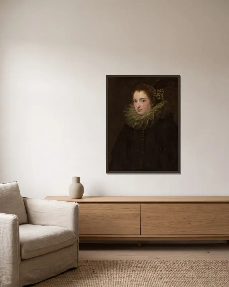 Porträtt av en adelsdam av Anthony van Dyck inramad på en vägg