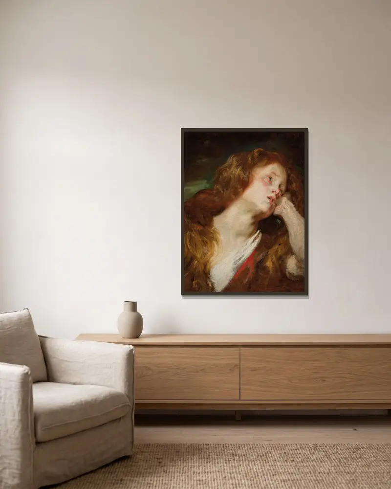 Ung kvinna med huvudet vilande, troligen den botfärdiga Magdalena av Anthony van Dyck inramad på en vägg