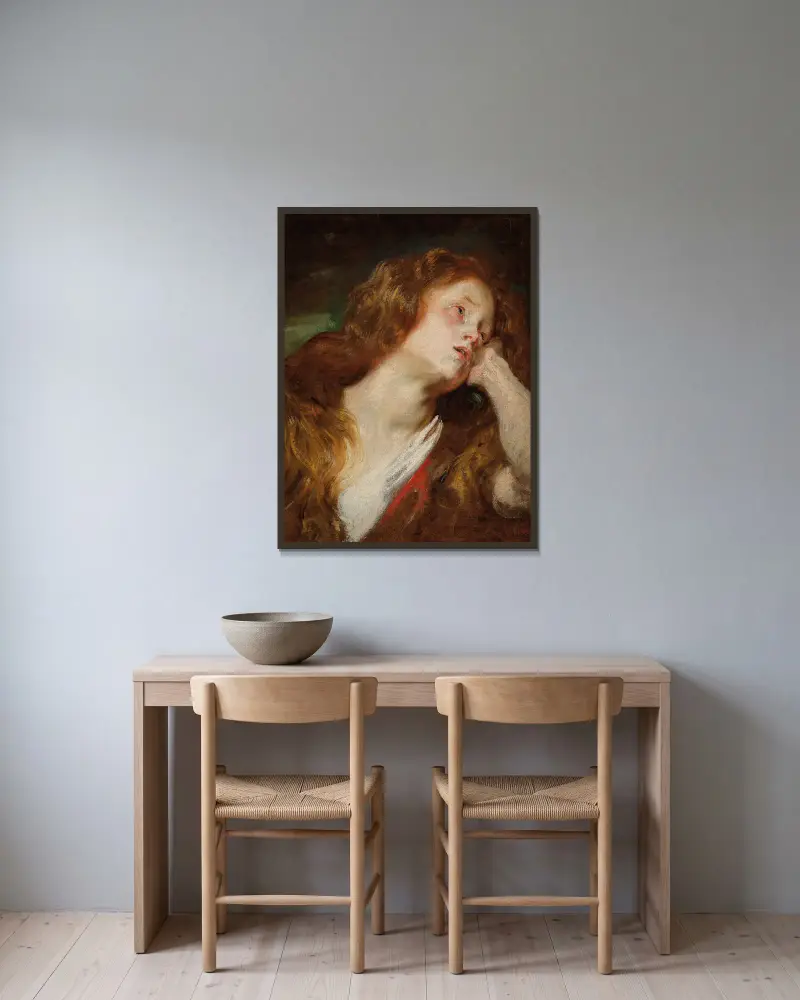 Ung kvinna med huvudet vilande, troligen den botfärdiga Magdalena av Anthony van Dyck inramad på en vägg