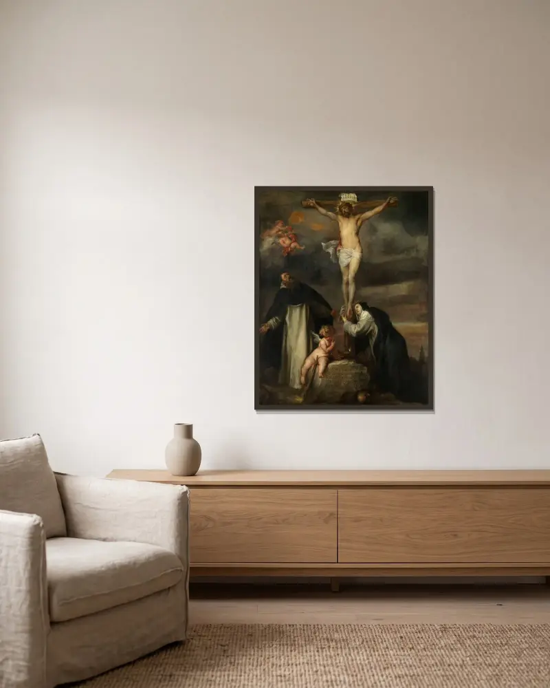 Kristus på korset med den heliga Katarina av Siena, den helige Dominikus och en ängel av Anthony van Dyck inramad på en vägg