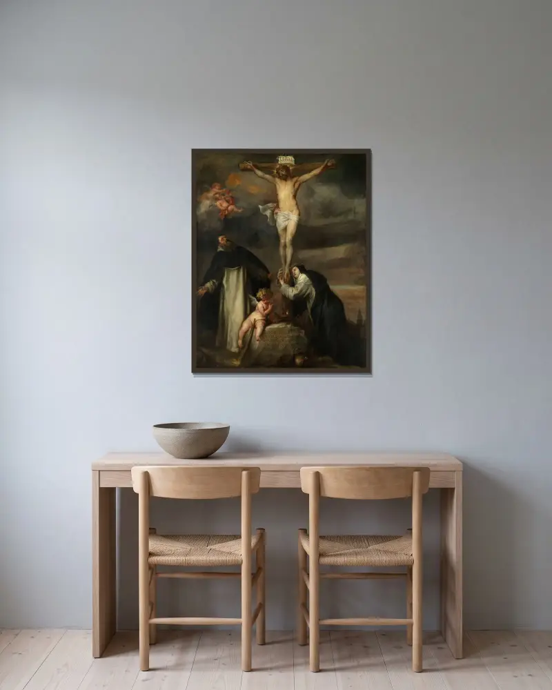 Kristus på korset med den heliga Katarina av Siena, den helige Dominikus och en ängel av Anthony van Dyck inramad på en vägg