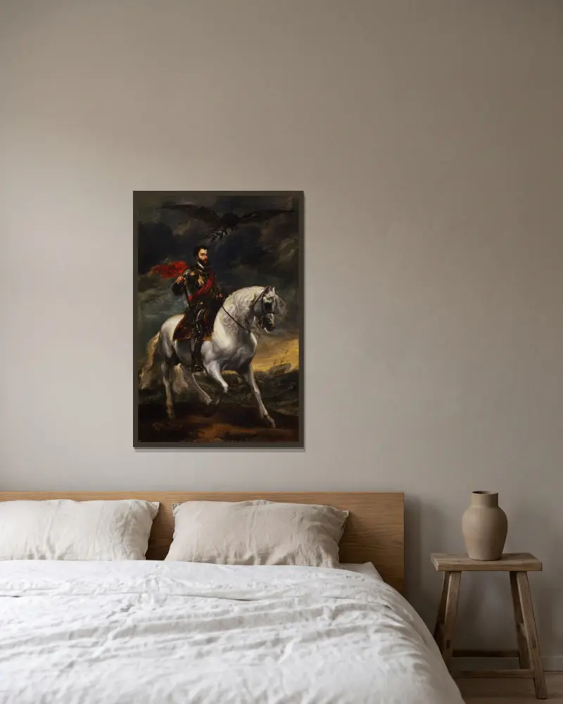 Reiterporträt Kaiser Karls V. von Anthony van Dyck gerahmt an einer Wand
