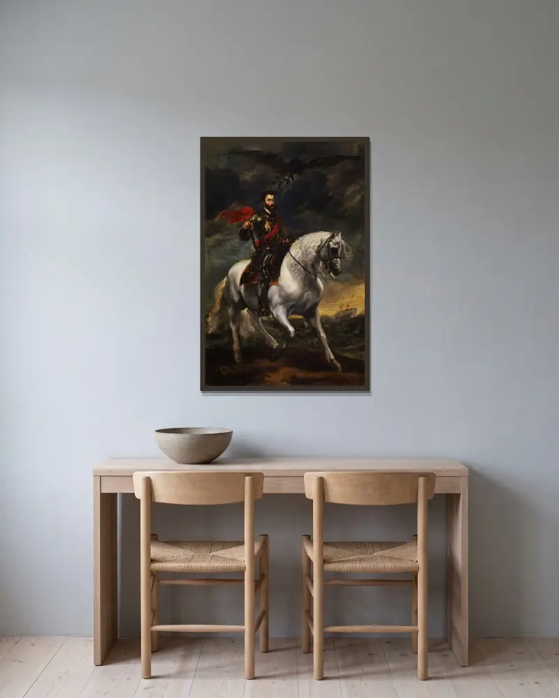 Reiterporträt Kaiser Karls V. von Anthony van Dyck gerahmt an einer Wand