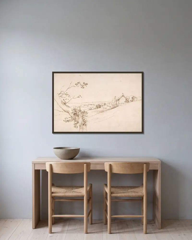 Landschaft mit einem knorrigen Baum und einem Bauernhof von Anthony van Dyck gerahmt an einer Wand