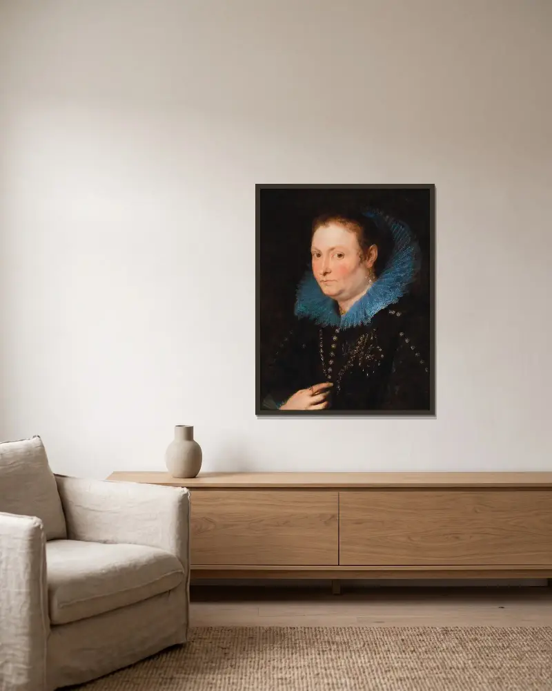 Porträtt av en dam, halvfigur, sagd vara en genuesisk adelsdam av Anthony van Dyck inramad på en vägg