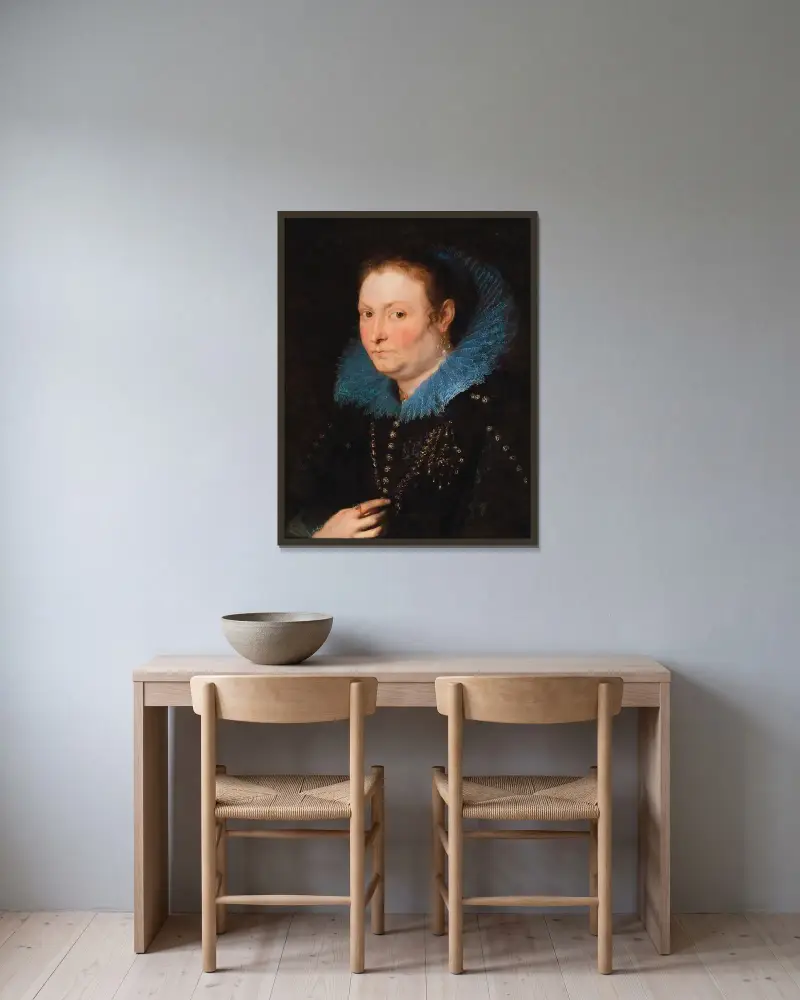 Porträtt av en dam, halvfigur, sagd vara en genuesisk adelsdam av Anthony van Dyck inramad på en vägg