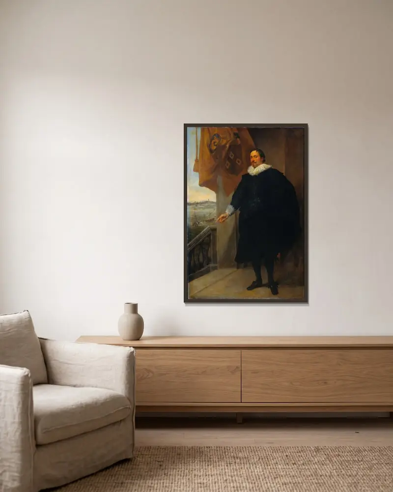 Porträt eines Adligen, möglicherweise Adriaan van der Borcht von Anthony van Dyck gerahmt an einer Wand