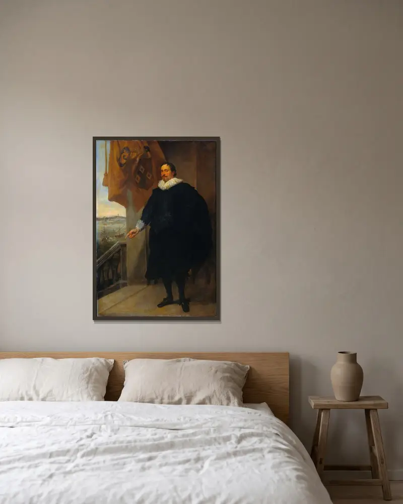 Porträt eines Adligen, möglicherweise Adriaan van der Borcht von Anthony van Dyck gerahmt an einer Wand