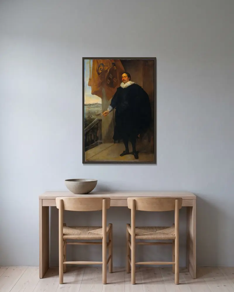 Porträt eines Adligen, möglicherweise Adriaan van der Borcht von Anthony van Dyck gerahmt an einer Wand