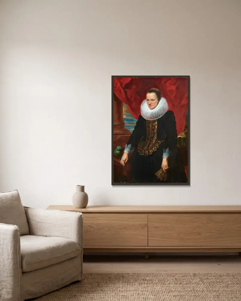 Porträtt av en adelsdam med en papegoja av Anthony van Dyck inramad på en vägg