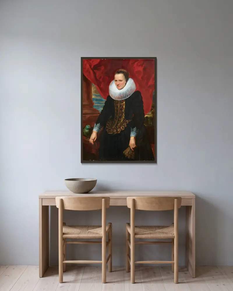 Porträtt av en adelsdam med en papegoja av Anthony van Dyck inramad på en vägg
